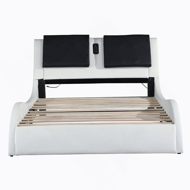 Faux Leather Upholstered Platform Bed Frame with led lighting ,Bluetooth connection to play music /RGB control,Backrest vibration massage,Curve Design, Wood Slat Support, No Box Spring Needed