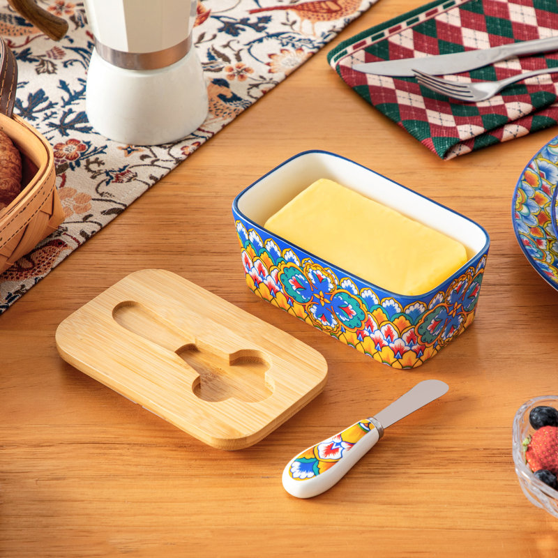 Poreclain Butter Container With Sealed Lid And Butter Knife with Porcelain Handle, Ceramic Stamping In Bohemian Style, Green, Bamboo Lid With Silicon Seal, Keep Butter Fresh, Food Container, 6.5in