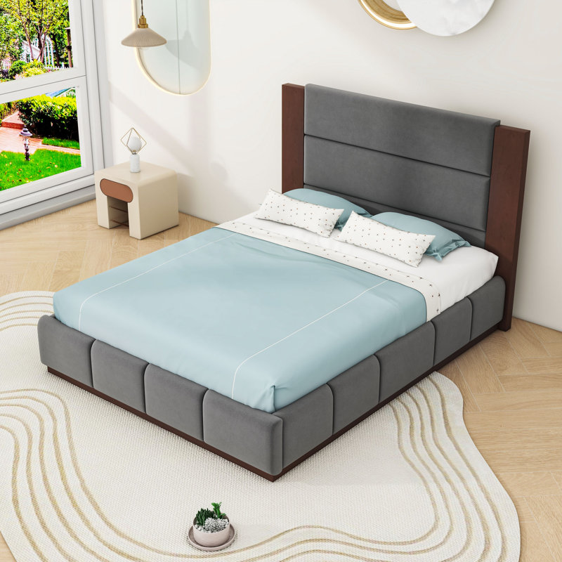 Lit plateforme tapissier avec tête de lit et pieds centraux, Gris, Grand lit