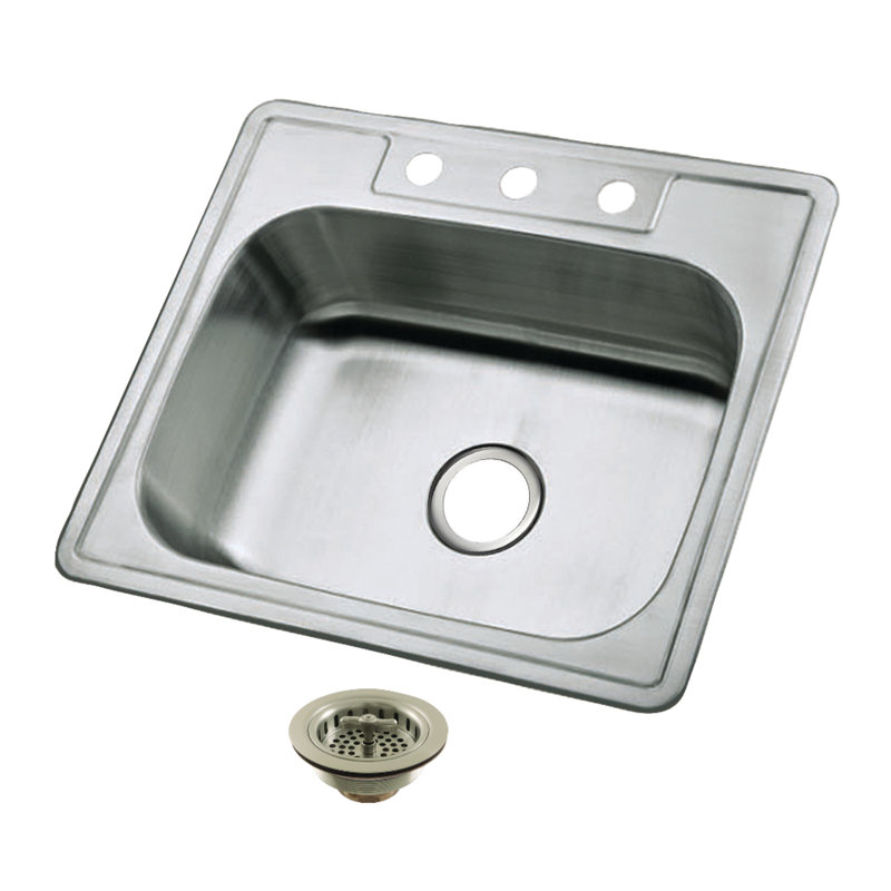 Kingston Brass Studio 25-Inch Stainless Steel Self-Rimming Single Bowl Bar Sink With 3-Hole Drain And Strainer