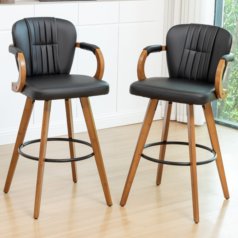 Tabouret de bar moderne pivotant de 26 po en cuir, Noir, Tabouret de comptoir (siège d'une hauteur de 26 p