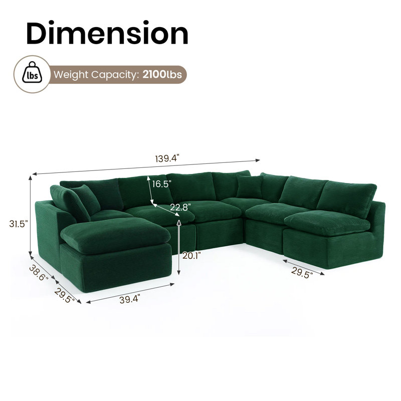 7 - Piece Slipcovered Corduroy Sectional Sofa Sleeper Couch, Green Corduroy