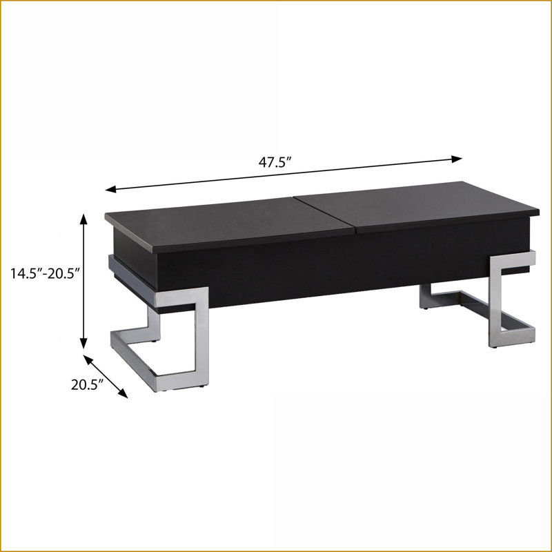 Table basse noire brillante avec rangement, couvercle semi-relevable et amp; Pieds chromés pour le salon, Noir