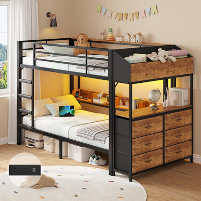 Twin Over Twin Bunk Bed With Led Lights And Charging Station, Twin Size Bunk Beds With 6 Storage Drawers, Side Shelves And Boxes, Black Metal Bunk Bed With Safety Guardrail And Ladder