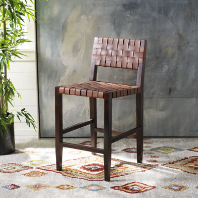Tabouret de bar en bois massif et cuir tressé