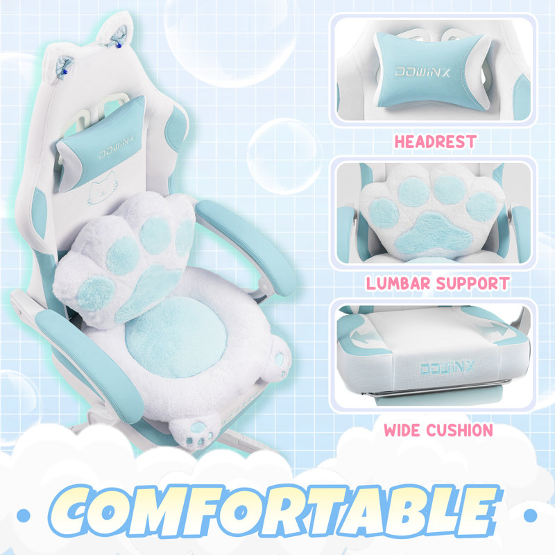 Cute Cat Ear Gaming Chair with Paw Print Lumbar Support and Cushion, Ergonomic Computer Desk Chair with Footrest, Reclining PC Game Chair, 300lbs