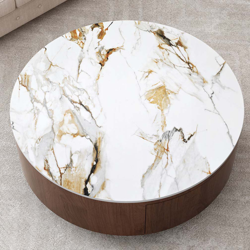 Table basse ronde en bois avec plateau en faux marbre