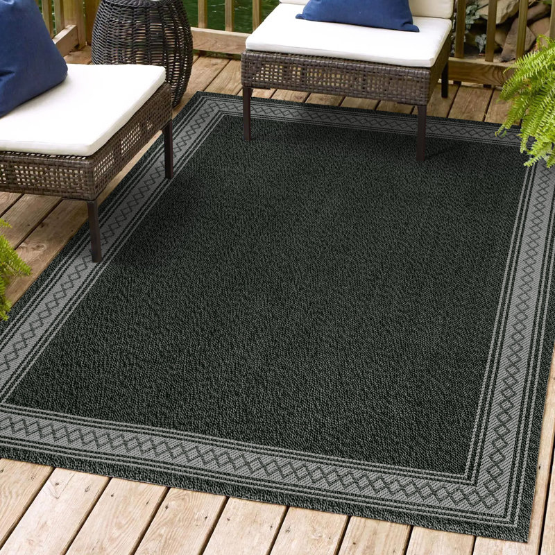 Clarwin Classic Diamond Border Black/Grey Indoor/Outdoor Rug, Rectangle 7'10" x 10'