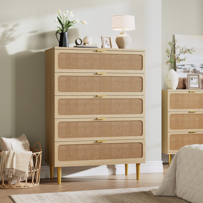 Natural Wood Rattan Dresser w/ 5 Deep Drawers, MDF Storage Cabinet