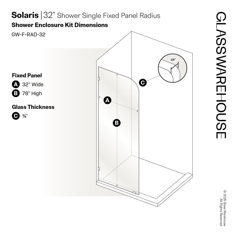 Solaris 32 in. x 78 in. Fully Frameless Radius Single Fixed Shower Panel, Matte Black