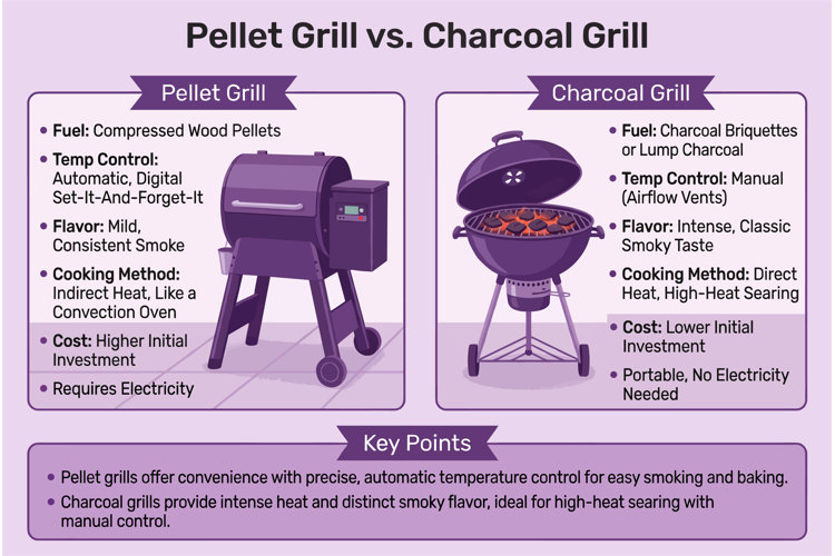 Pellet grill vs charcoal grill infographic comparing automatic temperature control and mild smoke flavor with manual charcoal grilling and intense smoky taste