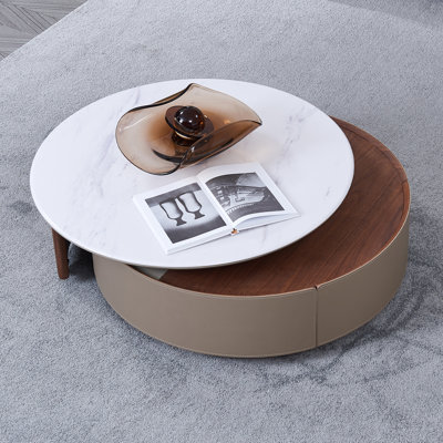 Table basse gigogne en bois fritté avec plateau rotatif à 360 degrés, plateau de rangement et tiroir surélevés, aucun assemblage requis