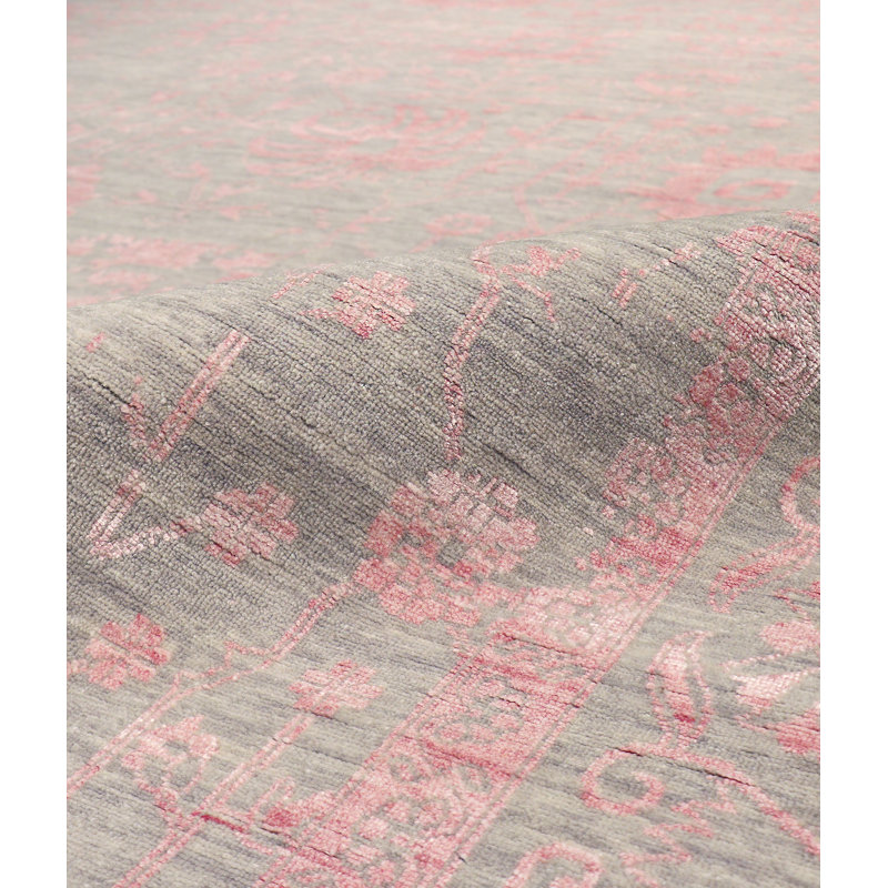 Tapis rose / gris en soie / laine / rayonne Abstract, Rectangle 9 pi x 11 pi 7 po