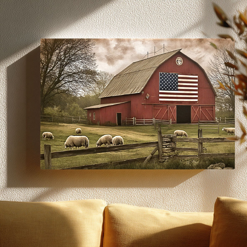 Cadre étirée patriotique pour grange rouge et mouton (ton de ferme Americana), 16 * 12 pouces (40 * 30 * 2cm)