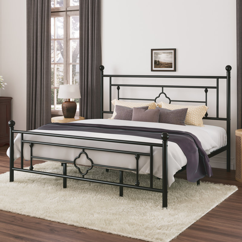 King Size Black Metal Platform Bed with Vintage Headboard