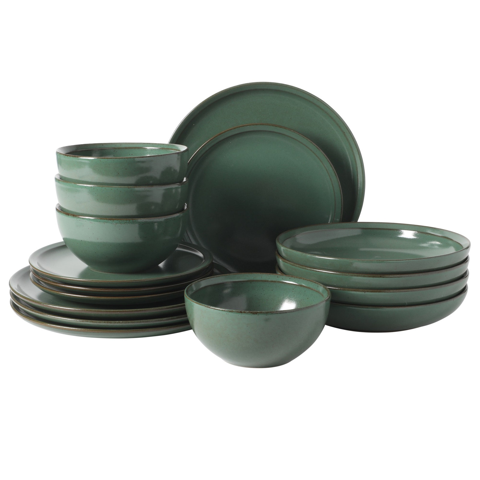Gibson Elite Beckett Stoneware Reactive Glaze 16 Piece Plates and Bowls Dinnerware Set, Green