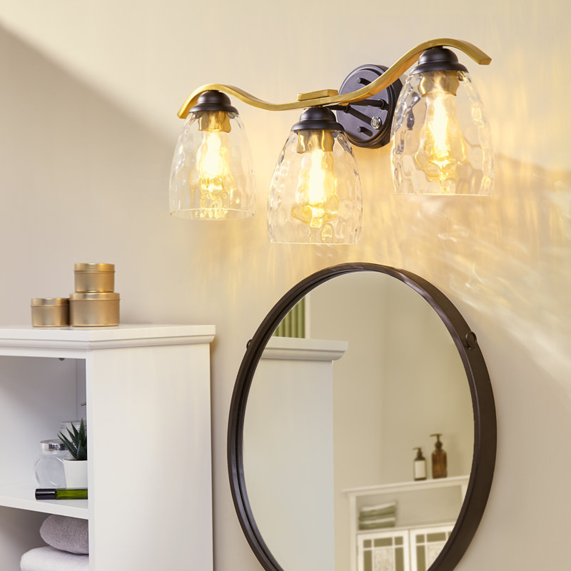 3-Light Bathroom Vanity Light, Hammered Glass Shades, 3-Stage Touch Dimmer, Black/Brass Metal, E26 Sockets, Wall Sconce for Mirror