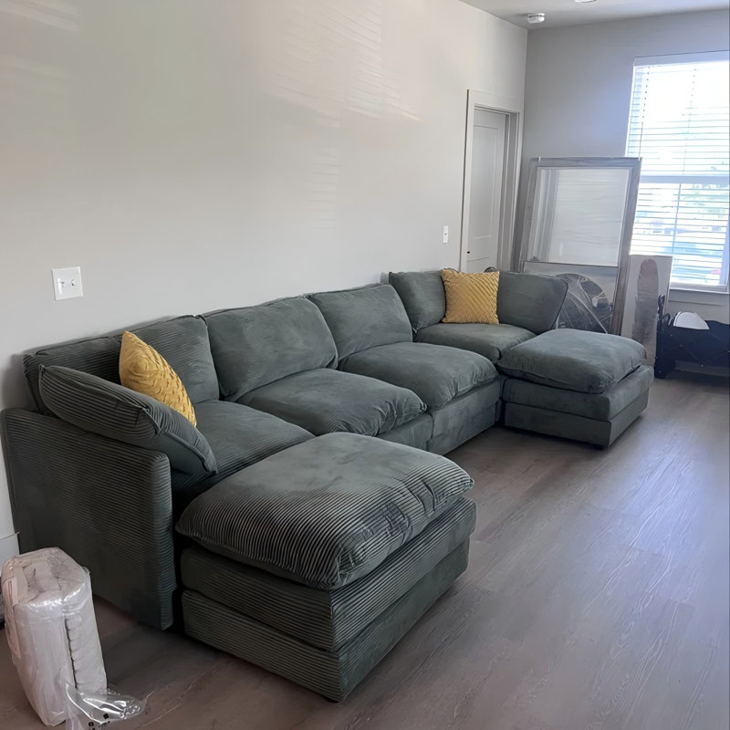 6 - Piece U Shape Sectional Sofa Cloud Couch With Removable Ottomans, Green Corduroy