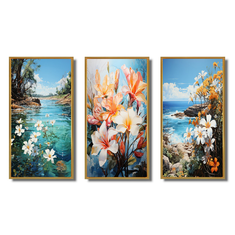 «Plumeria Lake Paradise», 3 pièces sur toile, Cadre flottant doré, H 20 po x l 36 po