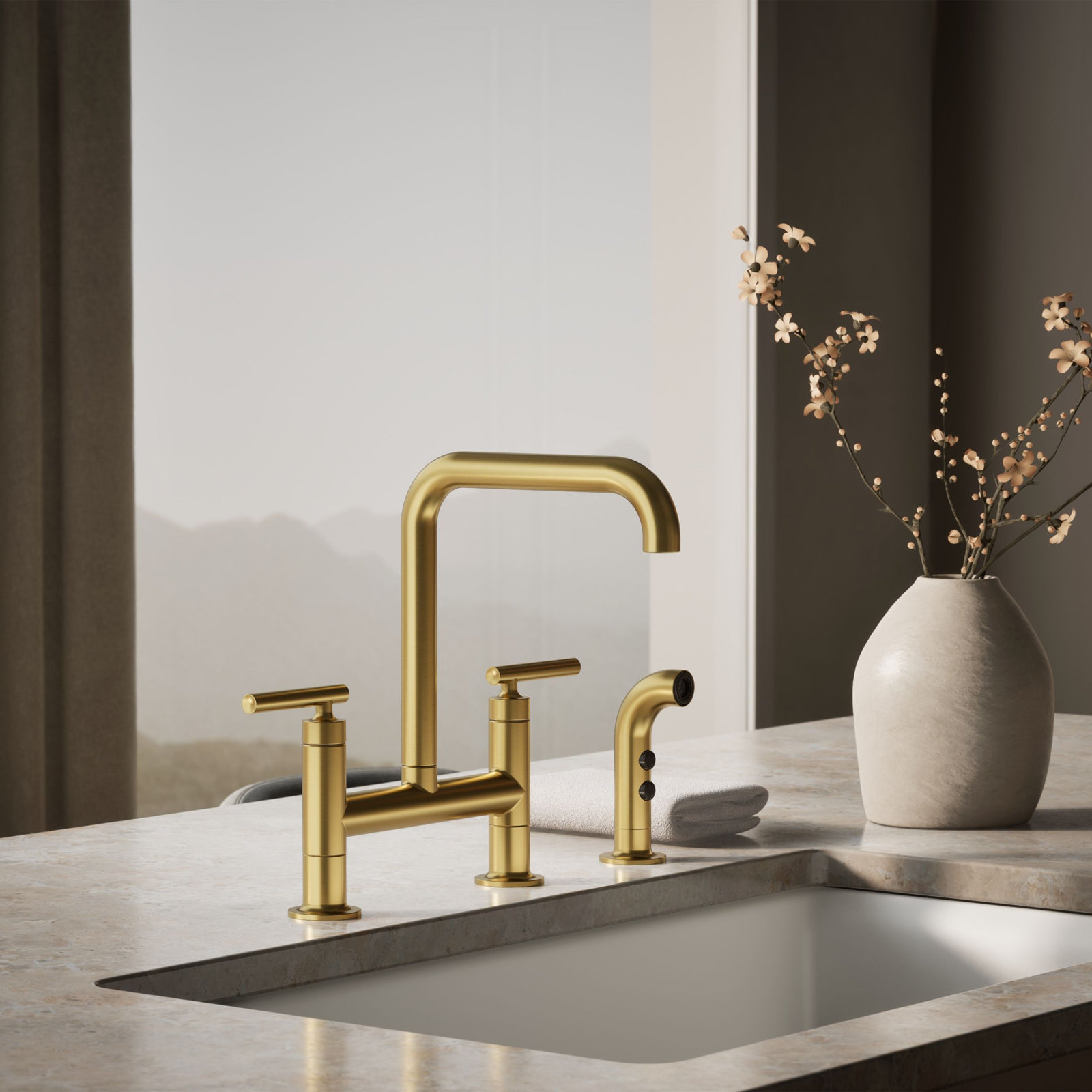 Kohler Purist Bridge Faucet with Sidespray, Vibrant Brushed Moderne Brass