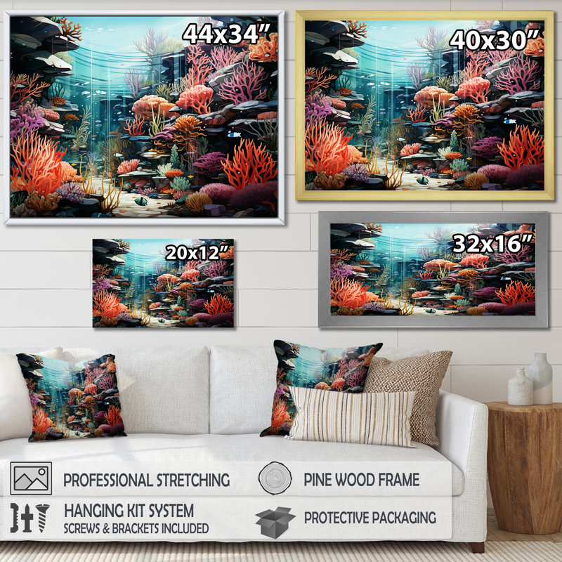 «Life in Coral Reef Paradise II» - art mural bord de mer tropical, Cadre doré à coins fermés, H 24 po x l 32 po x P 1 po