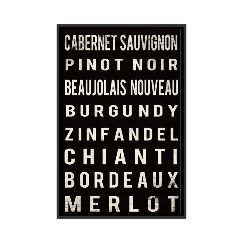«Wine», art textuel sur toile, H 26 po x l 18 po x P 1,5 po, Toile avec cadre noir, Pas de tapis