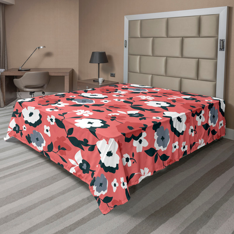 Drap plat à motif floral bohème Ambesonne, Corail, taupe, gris, blanc / floral, Drap plat pour très grand lit californien