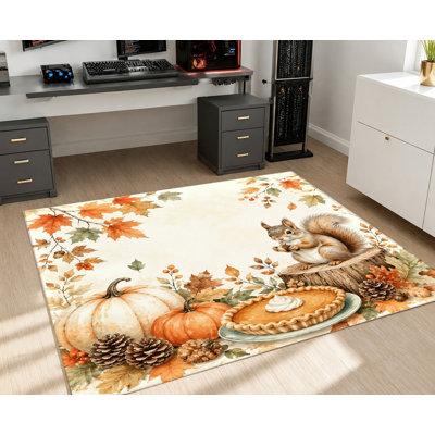 Tapis à motif d'automne moisson, motif de tarte écureuil citrouille blanc crème, surface en velours, tapis antidérapant, décoration intérieure confortable pour le salon, la chambre à coucher, le vestibule, la cuisine, le balcon, appartement