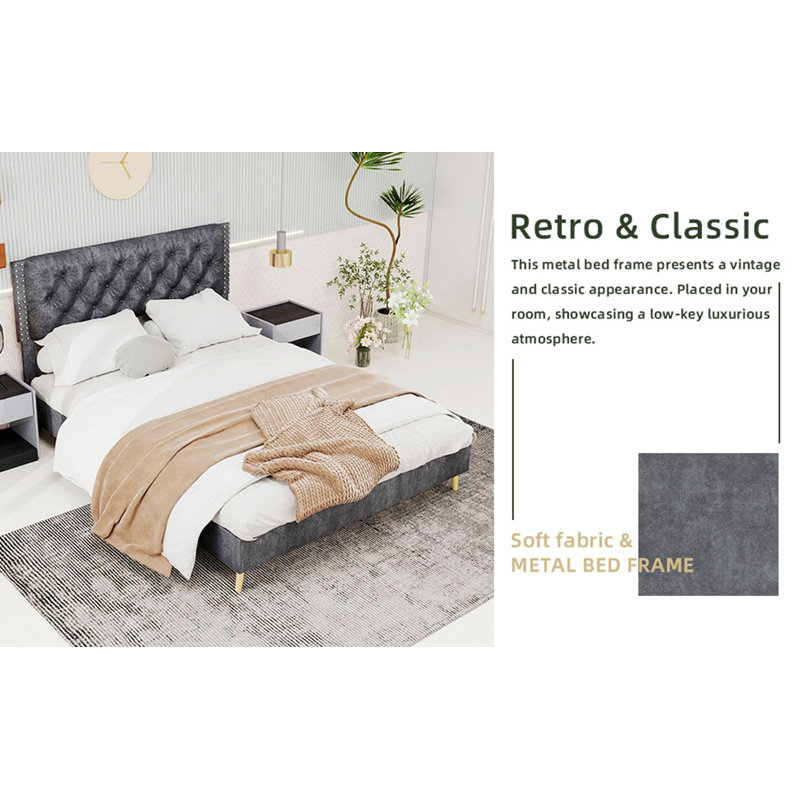 Upholstered Bed With Tufted Headboard, Gray, Lit double