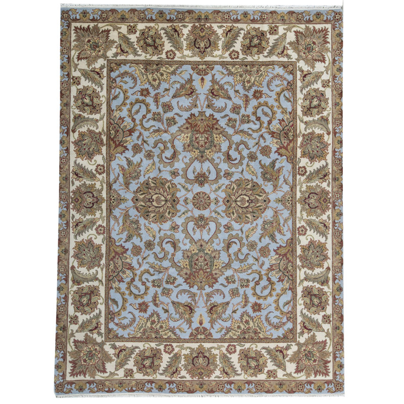 Tapis bleu clair et ivoire noué à la main de haute qualité