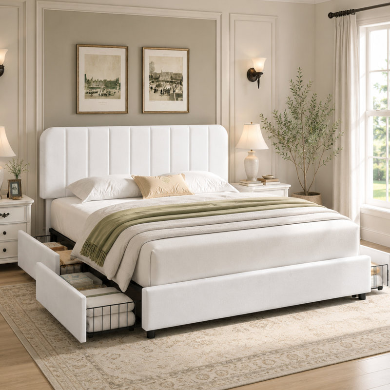 Huntsville 4-Drawer Velvet Upholstered Platform Bed, Dark Gray, Queen