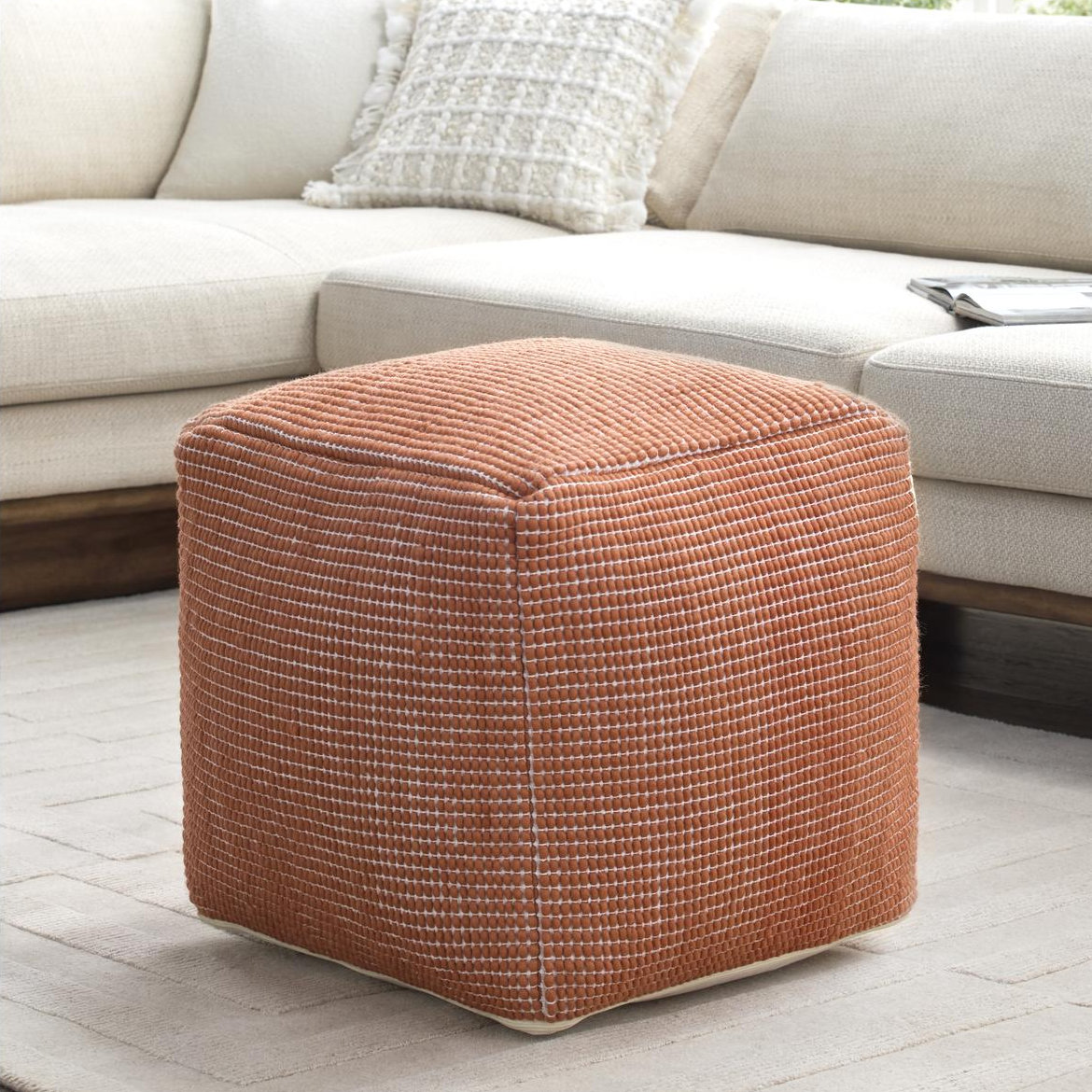 Waverly 18" Cotton Upholstered Pouffe, Orange