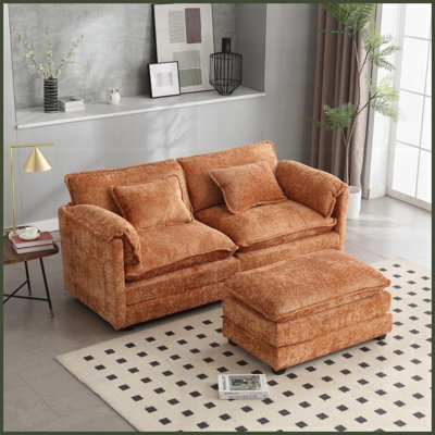 Large 2-Seat Chenille Sofa with Footstool – Removable Armrests &amp; Side Pockets for Living Room