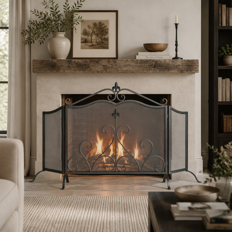 Onyx 3-Panel Iron Fireplace Screen 54" x 31.5", Black Finish