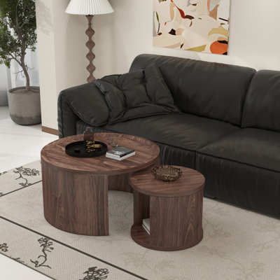 Round Nesting Coffee Table Set of 2, Natural wood color Coffee Table, 31.5" Large & 18" Small Low Tables with Wood Top, Center Table for Living Room,