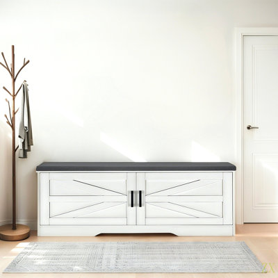 Banc de rangement à 2 niveaux, banc à chaussures de ferme avec coussin d'assise rembourré, banc d'entrée avec 2 portes de grange et 2 tablettes réglables, P 13,75 po x l 39,4 po x H 17,72 po, pour le vestibule, la chambre à coucher et le salon