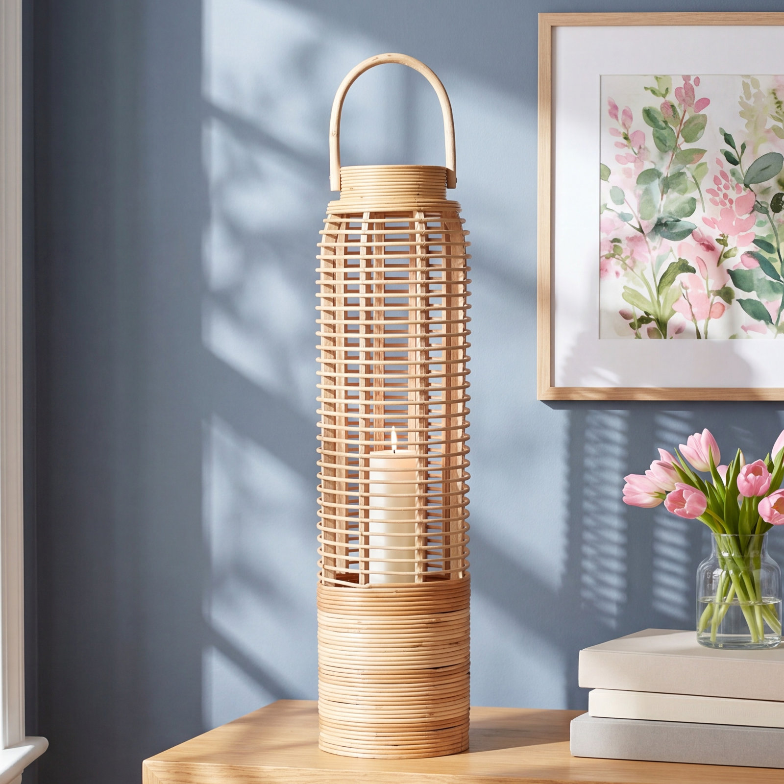 Wicker Tabletop Lantern, 27.5" H x 7" W x 7" D