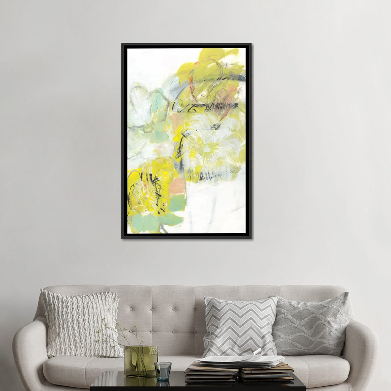 « yellow floral abstract i », impression sur toile, H 26 po x l 18 po x P 1,5 po, Toile avec cadre noir, Pas de tapis