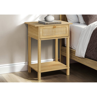 Table de chevet à 2 niveaux avec stratifié naturel et panneau pour le rangement de la chambre à coucher, tiroir de rangement pratique et pratique de 24 po de hauteur, ou table de chevet