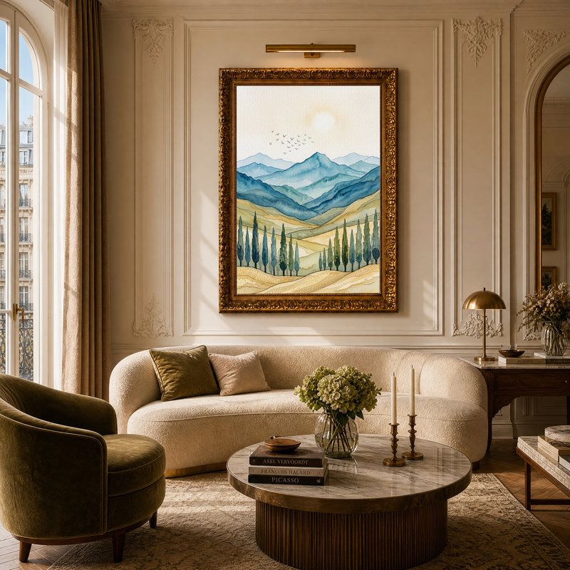 «Blue Mountains and Cypress Trees with Flying Birds», art mural sur toile, H 24 po x l 16 po