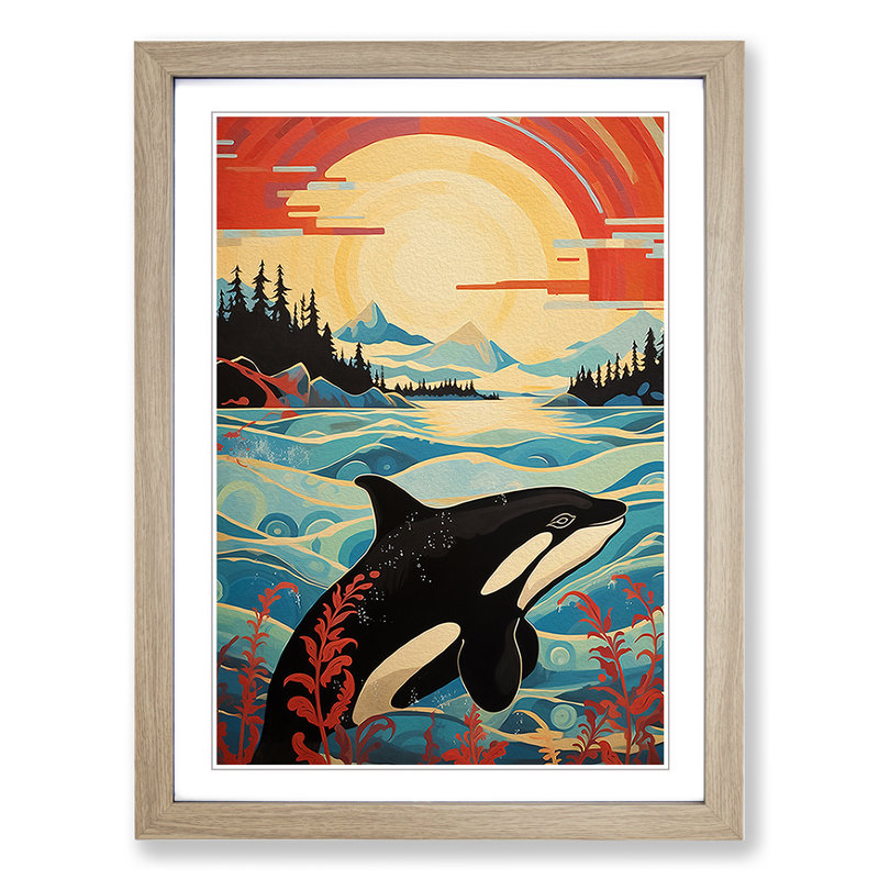 Orca Whale Modern - Single Picture Frame Print on Wood, Oak, 46cm H x 34cm W x 2cm D