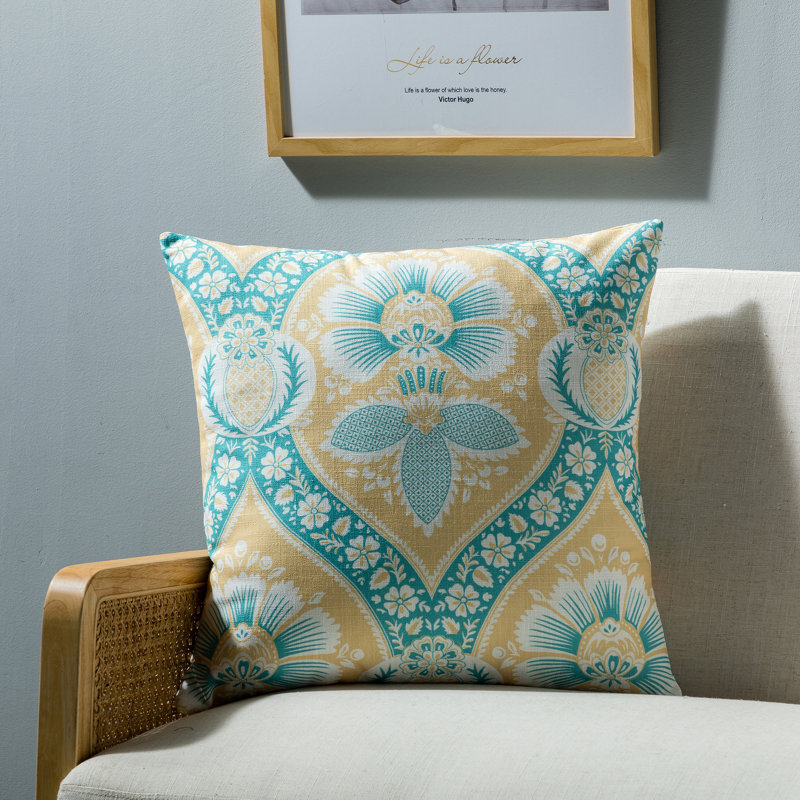 Coussin en lin damassé réversible, Bleu, Plumes