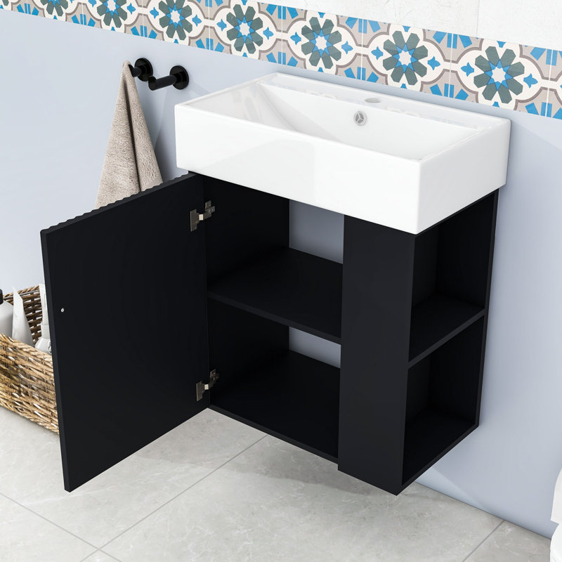 Chic Floating Bathroom Vanity with Ceramic Basin and Right-Side Storage, Black