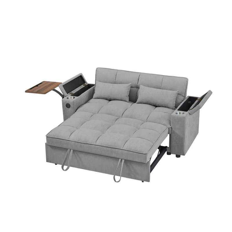 Chenille Loveseat Sleeper Sofa Bed With Storage Armrest ,USB Port ,Side Table, Light Gray
