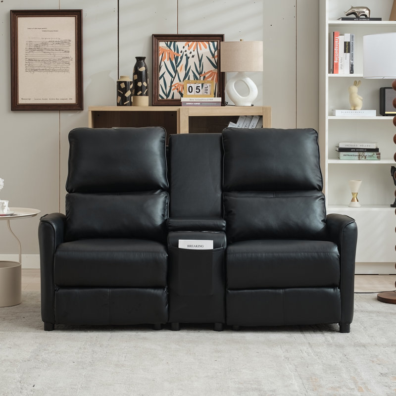 Causeuse inclinable manuelle avec console centrale et porte-gobelets pour le salon, Noir