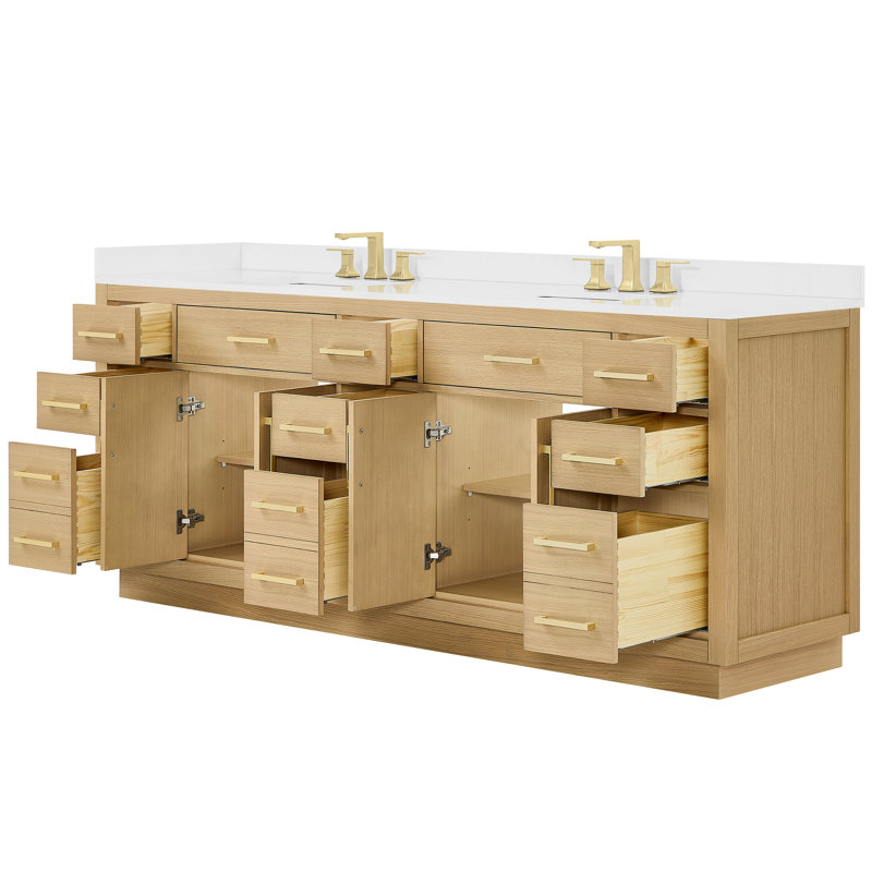 Ensemble de meuble-lavabo double 84 po Beckett, Dark Oak, Or brossé, Marbre de culture blanc