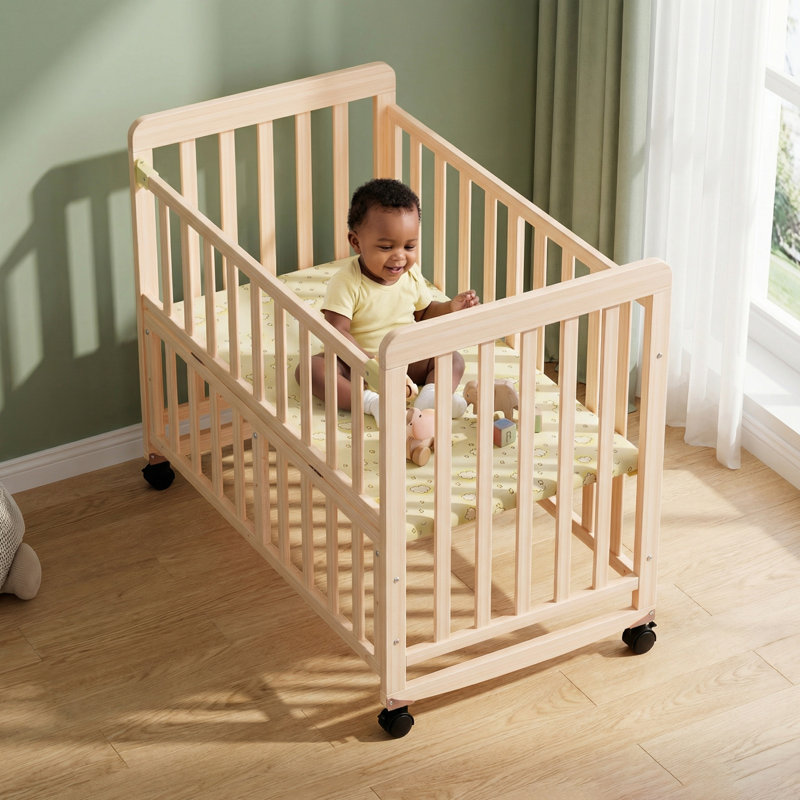 Mini lit de bébé en bois de pin massif 3-en-1 avec matelas, 3 hauteurs réglables, roulettes et lit convertible pour tout-petit