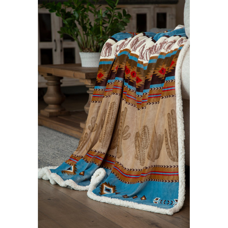 Southwestern Cactus Stripe Plush Sherpa Fleece Throw Blanket, 54" x 68"