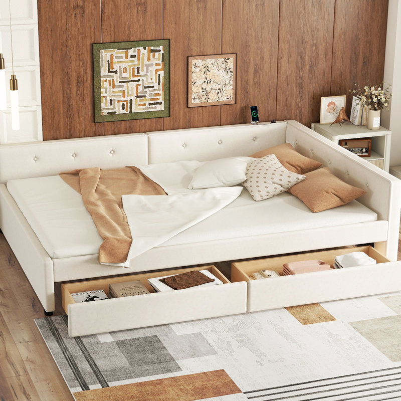 Full Size Upholstered Bed In Beige With & Drawer Storage - , No Box Spring, Bedroom Attraction And 2 Drawers, Strong Construction, Comfort