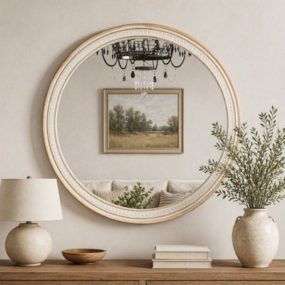 Miroir rond en bois massif de 30 pouces avec cadre boho, décoration murale polyvalente